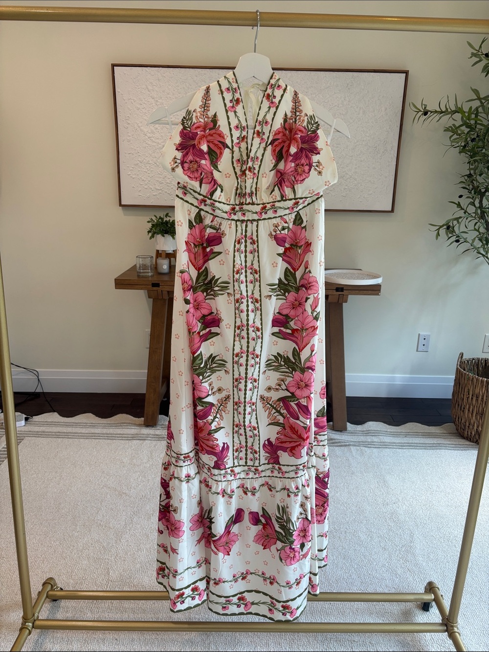 Commense White Maxi Dress with Pink Floral Print